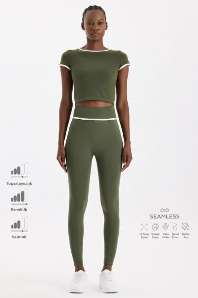 Kontrast Biyeli Spor Tayt Koyu Yaprak Yeşili