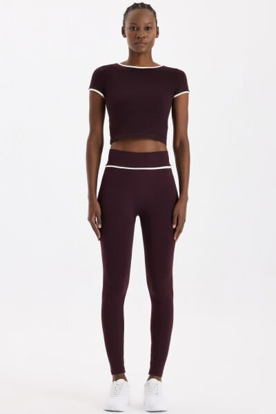 Kontrast Biyeli Spor Tayt Burgundy