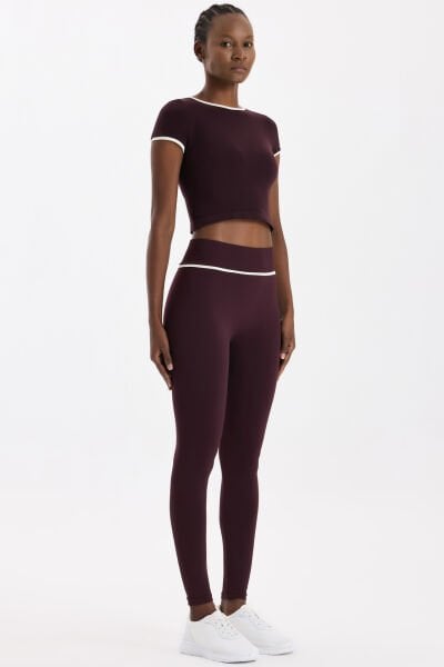Kontrast Biyeli Spor Tayt Burgundy