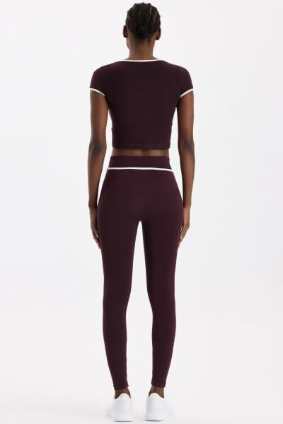 Kontrast Biyeli Spor Tayt Burgundy