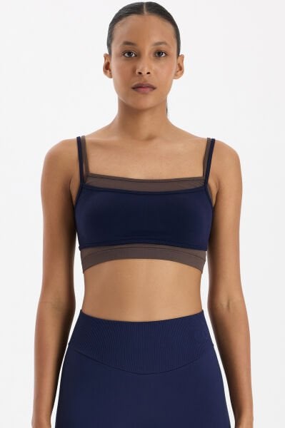 Üst Üste Geçmeli Pedli Spor Bra Oxford Blue/Kakao Dansı