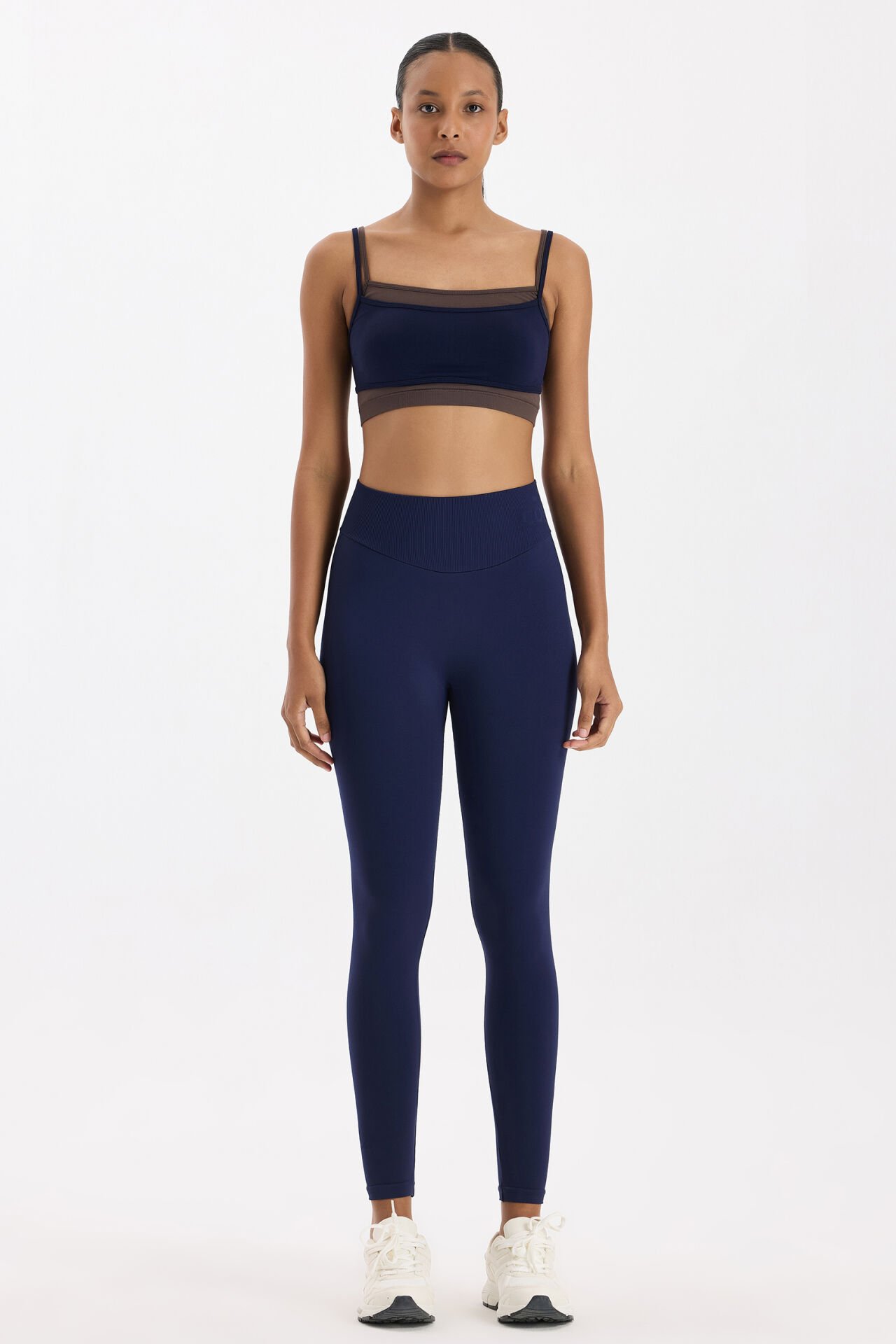 Üst Üste Geçmeli Pedli Spor Bra Oxford Blue/Kakao Dansı