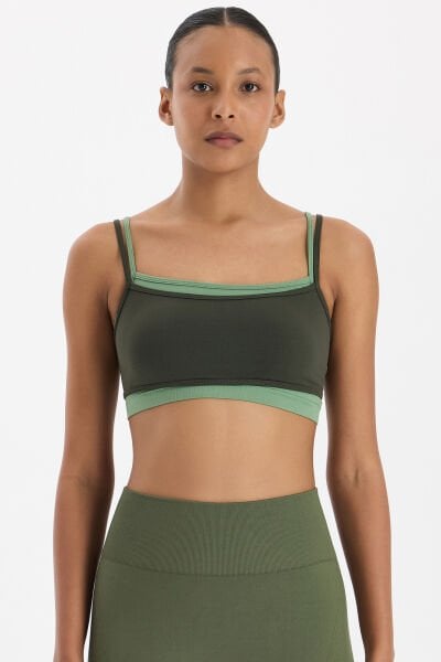 Üst Üste Geçmeli Pedli Spor Bra Koyu Yaprak Yeşili/Çağla