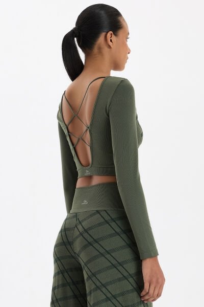 Uzun Kollu Ekose Crop Top Haki