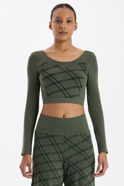 Uzun Kollu Ekose Crop Top Haki