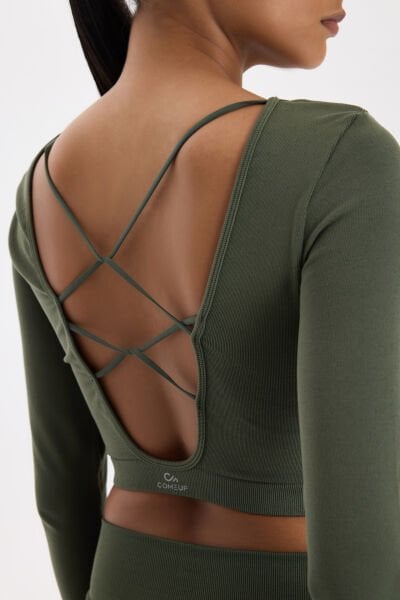 Uzun Kollu Ekose Crop Top Haki