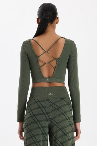 Uzun Kollu Ekose Crop Top Haki