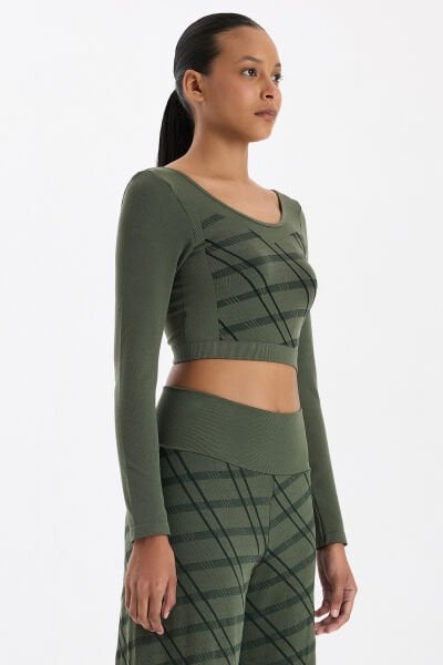 Uzun Kollu Ekose Crop Top Haki