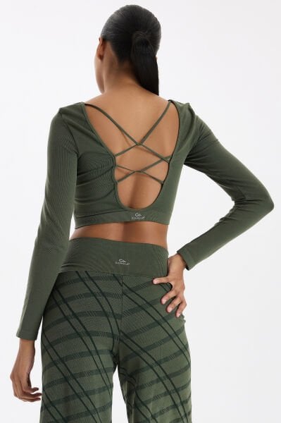 Uzun Kollu Ekose Crop Top Haki