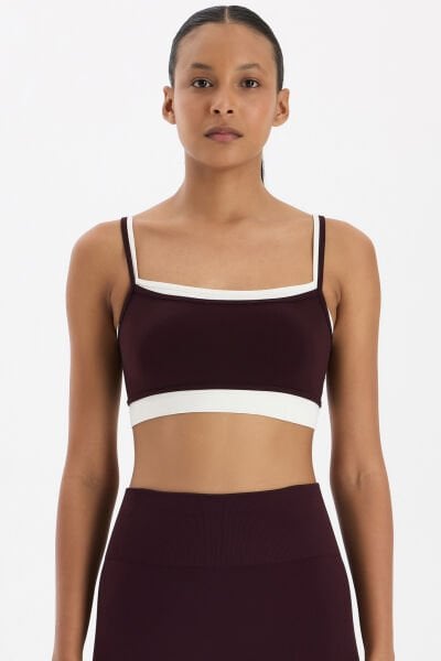 Üst Üste Geçmeli Pedli Spor Bra Burgundy/Kırık Beyaz