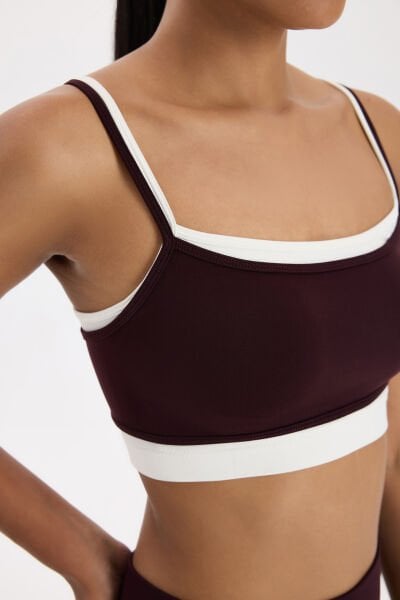 Üst Üste Geçmeli Pedli Spor Bra Burgundy/Kırık Beyaz