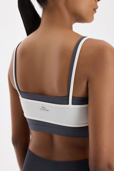 Üst Üste Geçmeli Pedli Spor Bra Kırık Beyaz/Karbon Gri