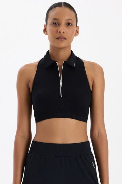 Fermuarlı Pedli Polo Yaka Crop Top Siyah