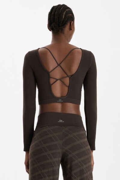 Uzun Kollu Ekose Crop Top Kahve