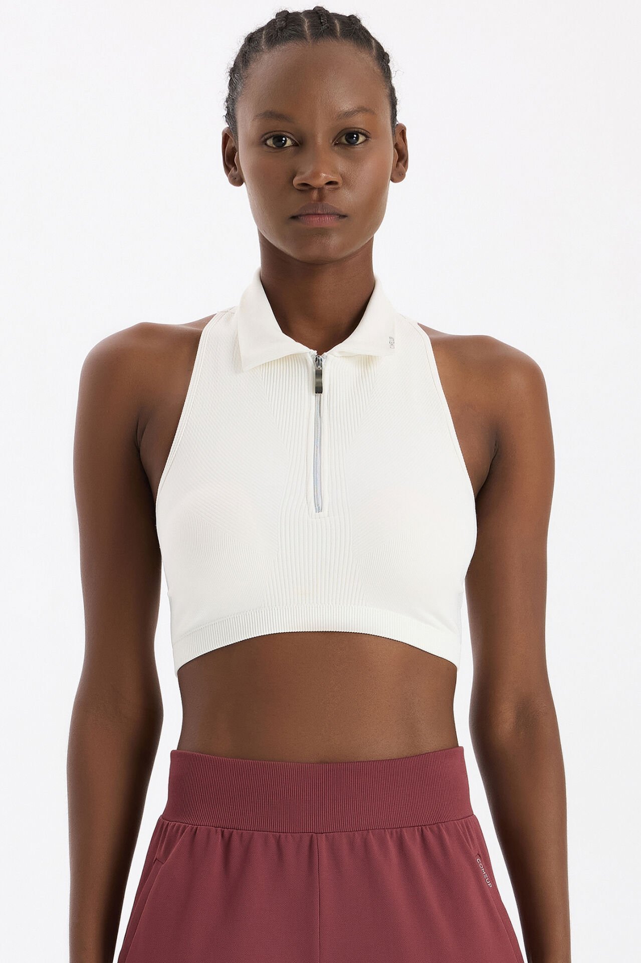 Fermuarlı Pedli Polo Yaka Crop Top Kırık Beyaz