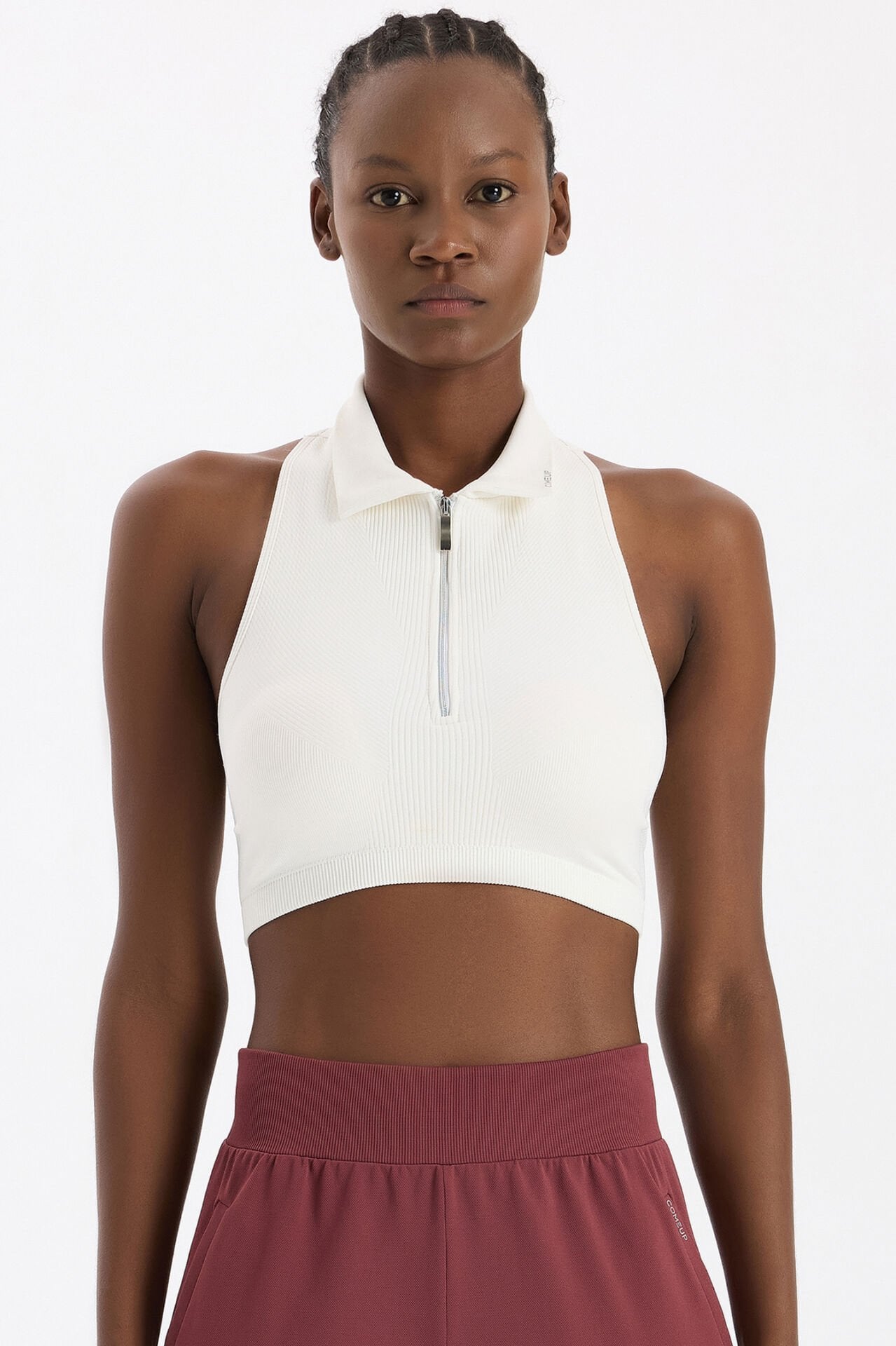 Fermuarlı Pedli Polo Yaka Crop Top Kırık Beyaz