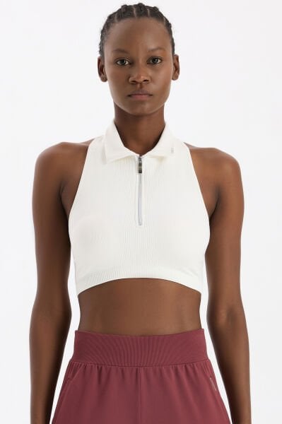 Fermuarlı Pedli Polo Yaka Crop Top Kırık Beyaz