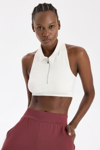 Fermuarlı Pedli Polo Yaka Crop Top Kırık Beyaz