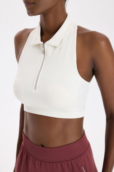 Fermuarlı Pedli Polo Yaka Crop Top Kırık Beyaz