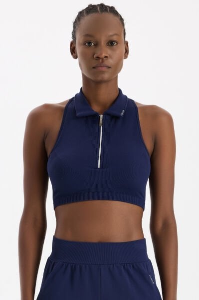 Fermuarlı Pedli Polo Yaka Crop Top Oxford Blue
