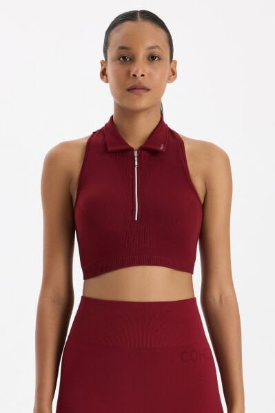 Fermuarlı Pedli Polo Yaka Crop Top Scarlet Kırmızısı