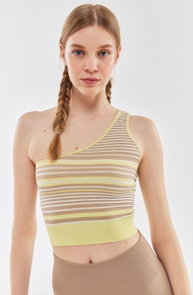 Tek Omuzlu Spor Üst Limon Sarısı Açık Kahve