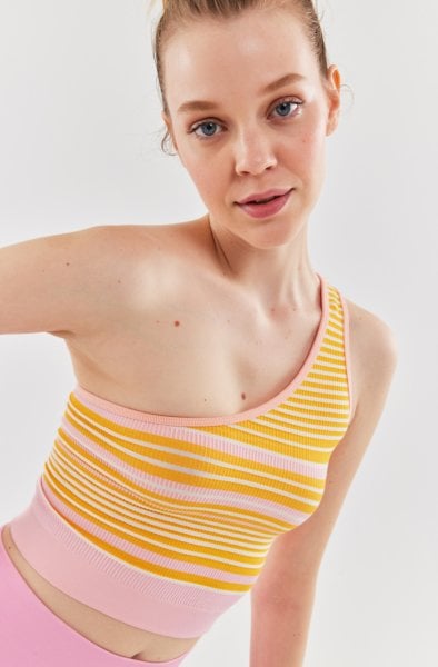 Tek Omuzlu Spor Üst Açık Pembe Sarı