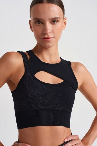 Asimetrik Halter Yaka Simli Sporcu Sütyeni Siyah