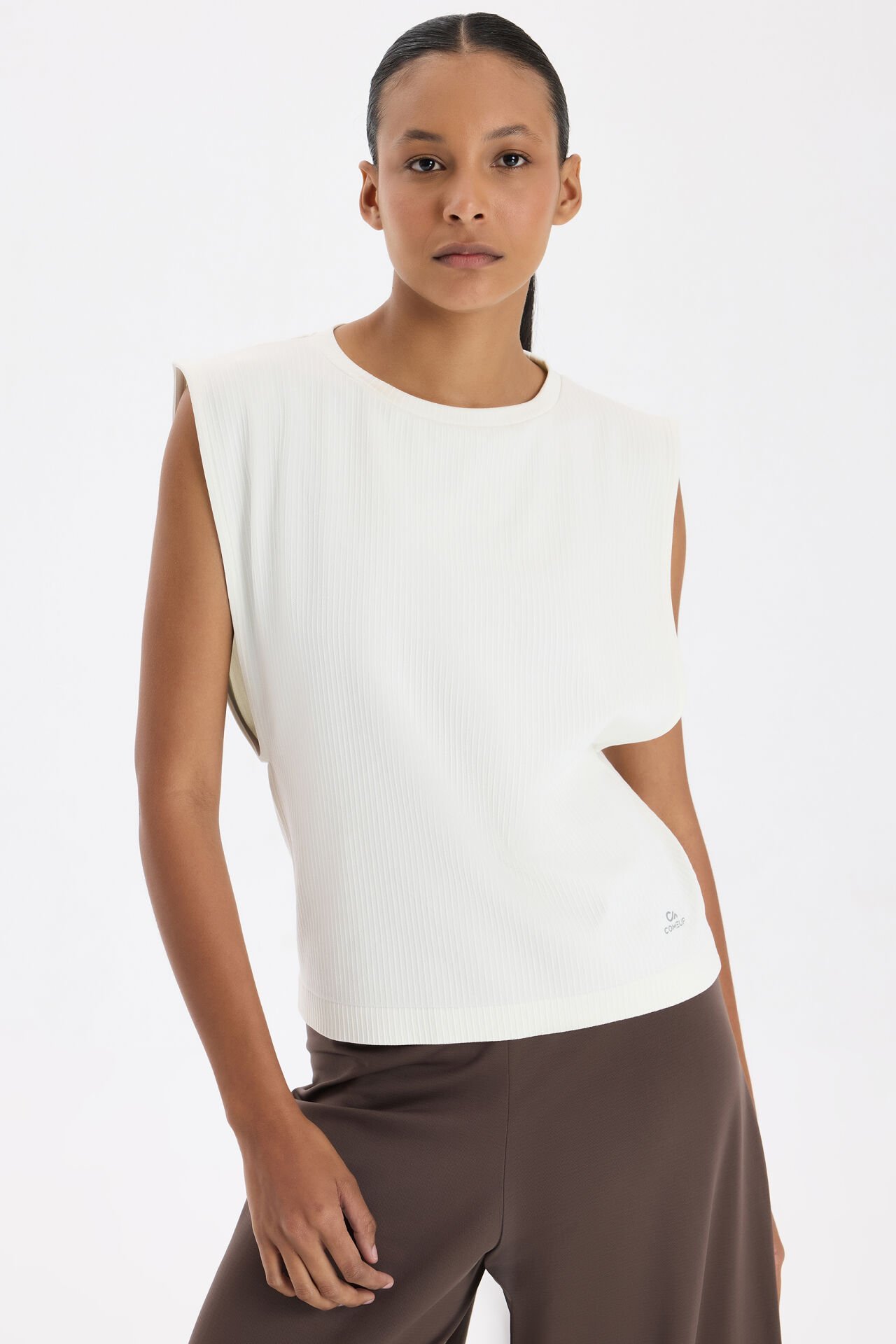 Fitilli Kolsuz Tişört Kırık Beyaz