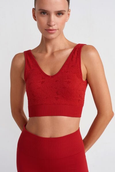 Dantel Görünümlü Pedli V Yaka Spor Sütyeni Kırmızı
