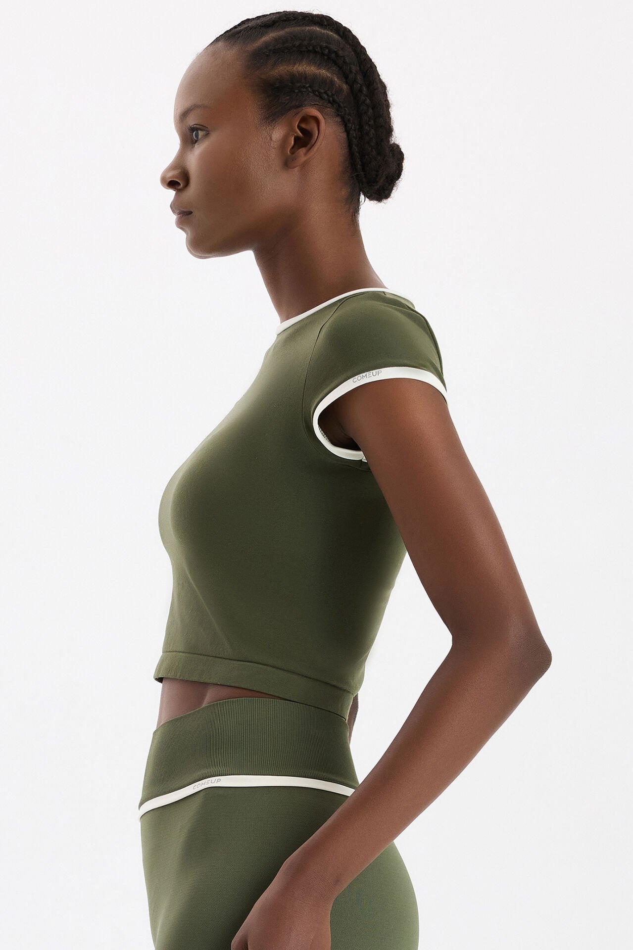 Kontrast Biyeli Spor Tişört Koyu Yaprak Yeşili