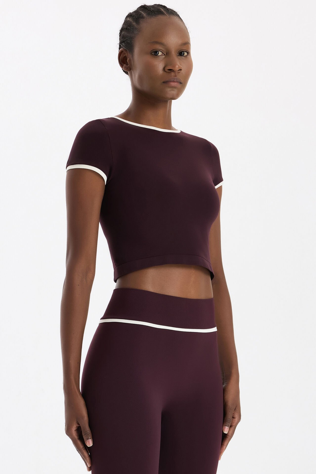 Kontrast Biyeli Spor Tişört Burgundy