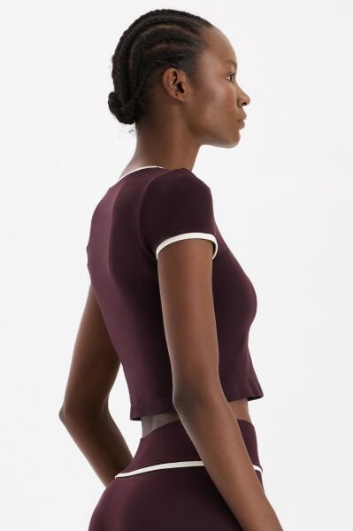 Kontrast Biyeli Spor Tişört Burgundy