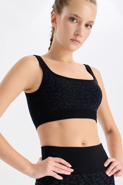 Leopar Desenli Sporcu Sütyeni Siyah Antrasit