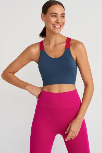 Renkli Askılı Sporcu Sütyeni İndigo Fuşya