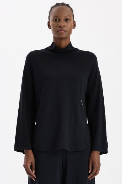 Yüksek Yaka Cepli Uzun Kollu Hafif Sweatshirt Siyah