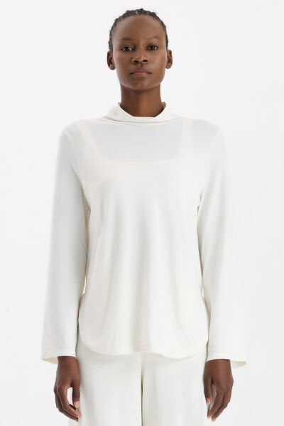 Yüksek Yaka Cepli Uzun Kollu Hafif Sweatshirt Kırık Beyaz