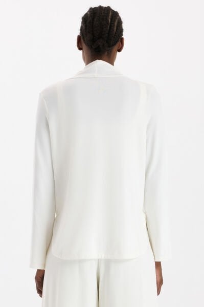 Yüksek Yaka Cepli Uzun Kollu Hafif Sweatshirt Kırık Beyaz