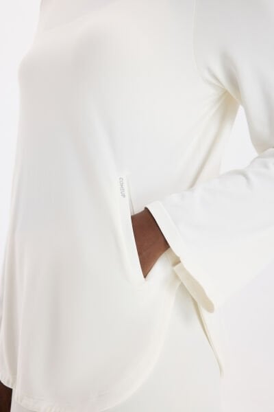 Yüksek Yaka Cepli Uzun Kollu Hafif Sweatshirt Kırık Beyaz