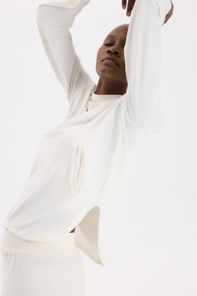 Yüksek Yaka Cepli Uzun Kollu Hafif Sweatshirt Kırık Beyaz