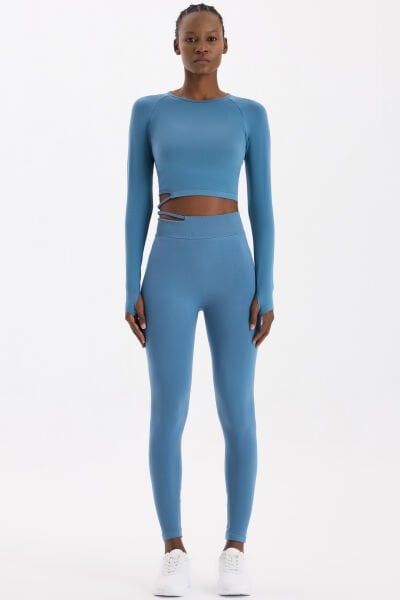 Tokalı Beli Pencereli Spor Tayt Kozmoz Mavi