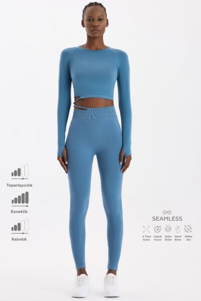 Tokalı Beli Pencereli Spor Tayt Kozmoz Mavi