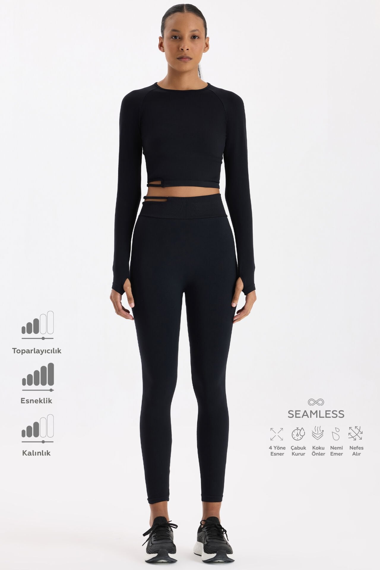 Tokalı Beli Pencereli Spor Tayt Siyah