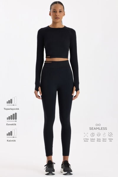 Tokalı Beli Pencereli Spor Tayt Siyah