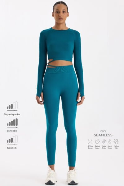 Tokalı Beli Pencereli Spor Tayt Milenyum Yeşili