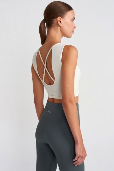 Göğüs Pedli Rib Dokulu Sırtı Çapraz Crop Top Fildişi Beyazı