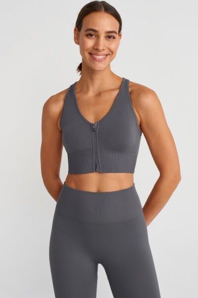 Önden Fermuarlı Pedli Sporcu Sütyeni Antrasit