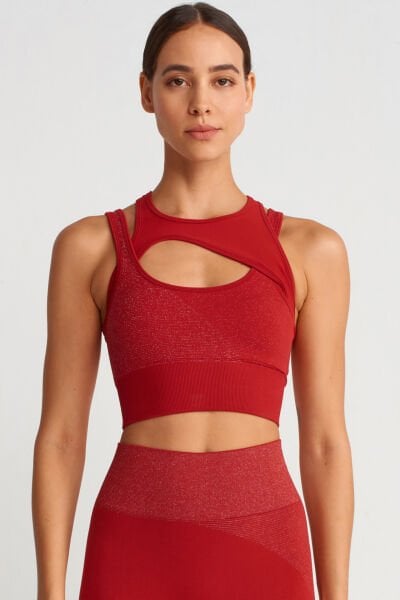 Asimetrik Halter Yaka Simli Sporcu Sütyeni Kırmızı