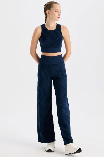Yaprak Desenli Dikişsiz Pantolon Oxford Blue