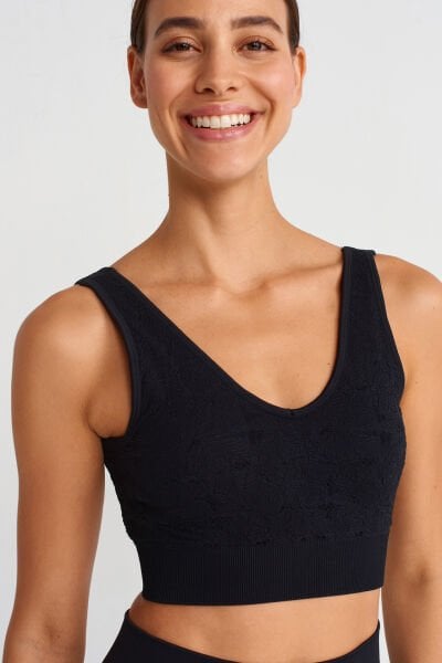 Dantel Görünümlü Pedli V Yaka Spor Sütyeni Siyah